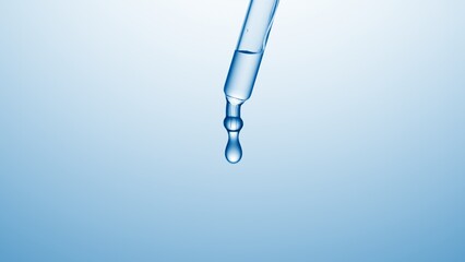 Macro shot of transparent drop is hanging from chemical dropper on pale blue background | Abstract...