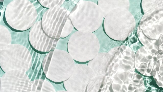 Multiple waves and ripples flowing on water suface overfr cotton pads laying on mint green background | Background shot for face care products commercial