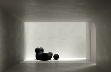3d rendering of empty concrete room with designer armchair and entrance archway