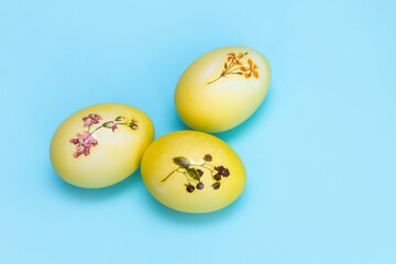 Yellow with a plant pattern of eggs lie on a bright blue background. Painted eggs for Easter