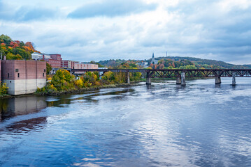 Waterfront of historic Downtown along the Kennebec River, Augusta, Maine - obrazy, fototapety, plakaty