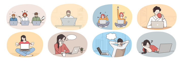 Collection of young people use computer communicate online on gadget. Set of men and women study on web, browse internet on laptop or surf social medial. Flat vector illustration.  - obrazy, fototapety, plakaty