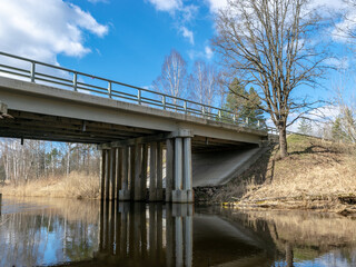 sunny spring landscape with a bridge over the river