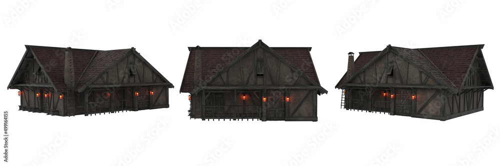 Poster timber and stone medieval house in evening light with lanterns lit. 3d illustration from 3 angles is