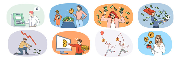 Collection of diverse people excited with money income or profit. Set of men and women plan budget manage expenses and expenditures. Finance and banking. Vector illustration. 