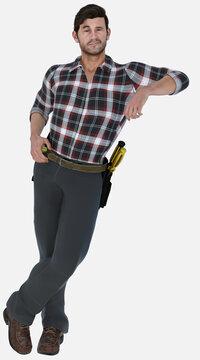 Denny is a hard-working rancher cowboy construction man - 3D illustrated male character render on an isolated white background. Denny has brown hair and brown eyes. 