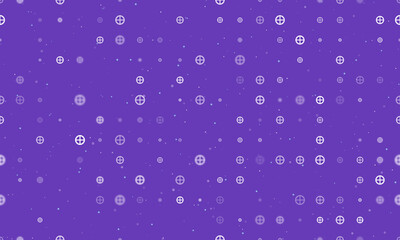 Seamless background pattern of evenly spaced white astrological earth symbols of different sizes and opacity. Vector illustration on deep purple background with stars