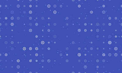 Seamless background pattern of evenly spaced white astrological sun symbols of different sizes and opacity. Vector illustration on indigo background with stars