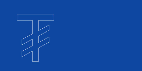 A large white outline tugrik symbol on the left. Designed as thin white lines. Vector illustration on blue background