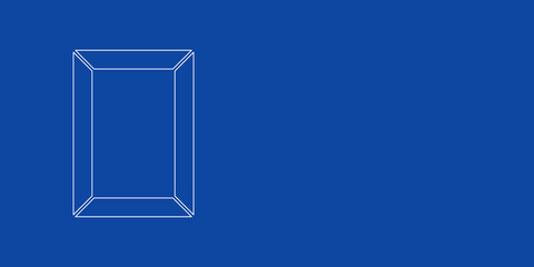 A large white outline photo frame symbol on the left. Designed as thin white lines. Vector illustration on blue background