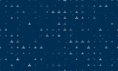 Seamless background pattern of evenly spaced white download symbols of different sizes and opacity. Vector illustration on dark blue background with stars