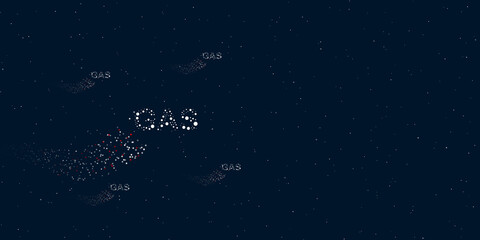 A gas text symbol filled with dots flies through the stars leaving a trail behind. Four small symbols around. Empty space for text on the right. Vector illustration on dark blue background with stars