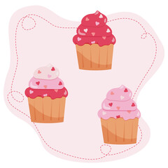 3 Vector Cupcakes with Pink and Red Icing and Hearts