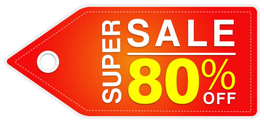 Offer tag. 80 percent off. Discount for big sale. Red and orange label.