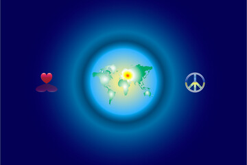 Illustration of loving peace on the Earth with White pigeon carrying love sign or heart sign in the globe on gradient blue background. Political world map is an illustration created by me.
