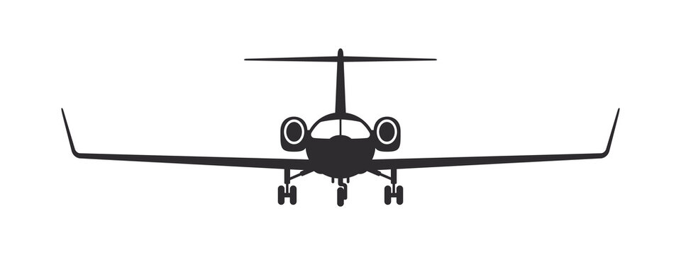 Plane. Modern private jet. Airplane silhouette front view. Vector image
