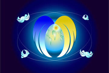 Illustration of peace on the Earth with White pigeon magic spells and angels wings around the globe on a gradient blue background. Political world map is an illustration created by me.