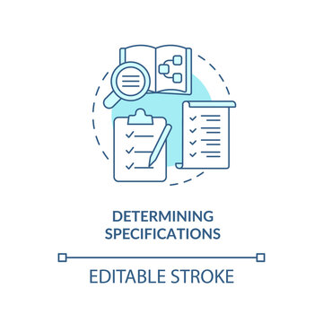Determining specifications turquoise concept icon. Info system development stage abstract idea thin line illustration. Isolated outline drawing. Editable stroke. Arial, Myriad Pro-Bold fonts used