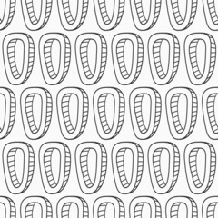 Abstract vector hand drawn seamless pattern. Rounded outline shapes with a hole inside. Repeating ornament. Black and white background. For wrapping, paper cover, textile, fabric, cloth.