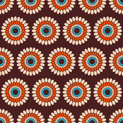 Seamless african fashion vector pattern with circles; rounded shapes; repeating circles. Bright; vibrant colors. Color oriental background.
