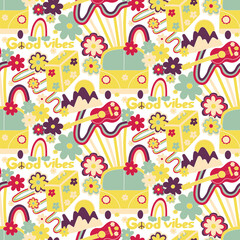 Retro hippie seamless vector pattern. 1960s, 70s good vibes background with bright guitar, flowers and sunset, wave and bus. Summer mood.
