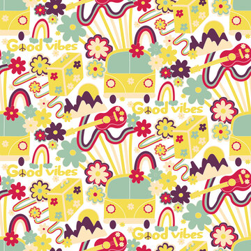 Retro hippie seamless vector pattern. 1960s, 70s good vibes background with bright guitar, flowers and sunset, wave and bus. Summer mood.