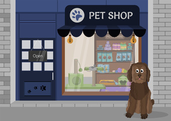Pets shop outside, facade.Pet shop. Store building with bright banner. Front Facade Design, concept with animal accessories, Street Signboard. Vector illustration