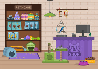 Empty pet shop. Store interior without people. Vector illustration