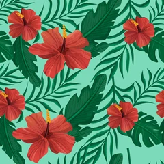 Schilderijen op glas Hibiscus and tropical plants pattern. Textile background © Sofi