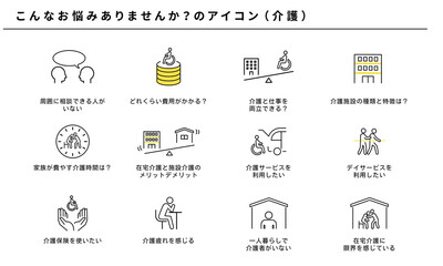 こんなお悩みありませんか？の介護アイコンセット、ベクター