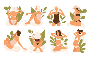 Set of pregnant women in swimsuits resting on the beach with leaves. Pregnancy, vacation in summer aesthetic collection. Vector illustration in cartoon style. Isolated white background.
