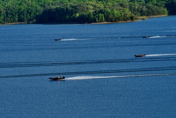 Bass boats racing to their fishing spots