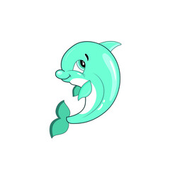 Dolphin vector illustration isolated on white background. Cute smiling character for icon, card, logo. Hand drawn cartoon animal print for kids or babies t-shirt design, room decoration, greeting card