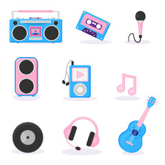 Music equipment set ,retro cassette, tape recorder, microphone, vintage music, party mix stereo set. Vector 