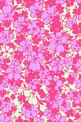 vector seamless hand drawn graphic naive ditsy floral pattern in three colors. Stylized flowers with leaves with negative space. Multidirectional allover design.