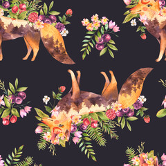 Watercolor wicca fox floral seamless pattern. Spiritual sacred totem animals wildflowers texture on black. Power animals