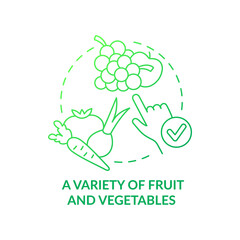 Variety of fruit and vegetables green gradient concept icon. Diverse nutrition. Tip for vegan lifestyle abstract idea thin line illustration. Isolated outline drawing. Myriad Pro-Bold font used