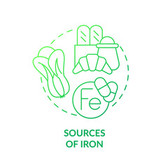Sources of iron green gradient concept icon. Green vegetables and bread. Source of nutrients abstract idea thin line illustration. Isolated outline drawing. Myriad Pro-Bold font used