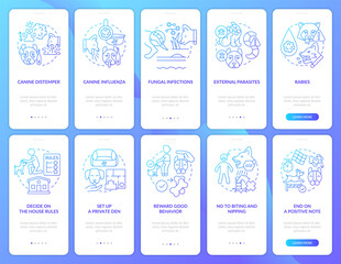 Focus on dog wellness blue gradient onboarding mobile app screen set. Walkthrough 5 steps graphic instructions pages with linear concepts. UI, UX, GUI template. Myriad Pro-Bold, Regular fonts used