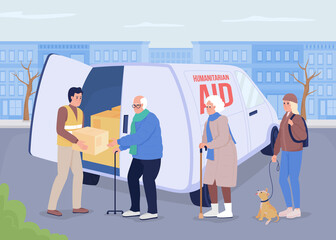 Delivering humanitarian relief flat color vector illustration. Volunteer providing humanitarian aid to vulnerable people 2D simple cartoon characters with cityscape on background. Bebas Neue font used
