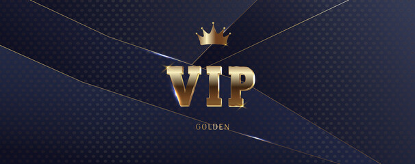 VIP Party Invitation with Gold Crown and Sequins. Radiance and light on a dark background. Premium invitation card. Grand opening banner. Gold luxury elegant vip. Vector