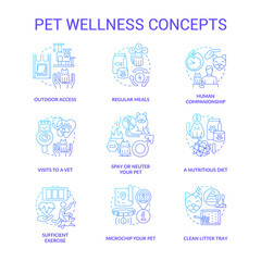 Pet wellness blue gradient concept icons set. Feline and canine wellbeing idea thin line color illustrations. Visit to vet. Nutritious diet. Isolated symbols. Roboto-Medium, Myriad Pro-Bold fonts used