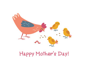 Hen with chickens in cartoon style, mother's day card
