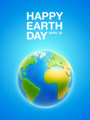 Cartoon stylized 3d planet Earth with simple physical surface texture on blue background. Happy Earth Day conceptual background. International Mother Earth Day banner or poster. Vector illustration