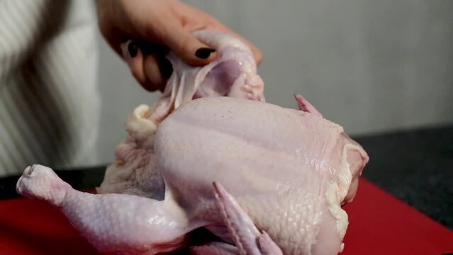 The girl cuts the raw chicken into pieces. Cutting a chicken on a red board