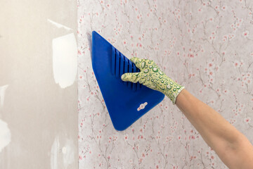 A woman`s hand levels the canvas with a plastic wallpaper blue spatula on the wall.