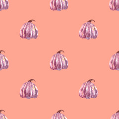 Seamless watercolor pattern with bright purple pumpkins, vegetables, healthy food. Botanical pattern for design, printing, postcards, fabrics, gifts