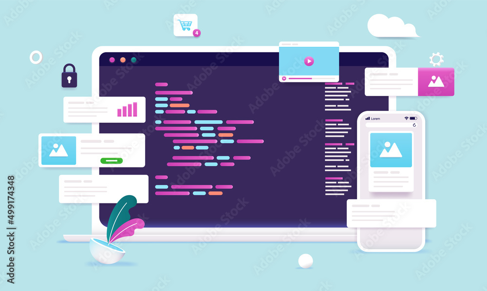 Fototapete Web programming and development - Laptop computer with code language on screen and website elements around. Vector illustration