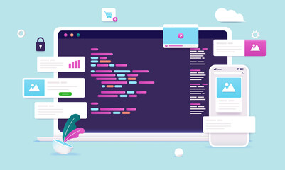 Web programming and development - Laptop computer with code language on screen and website elements around. Vector illustration