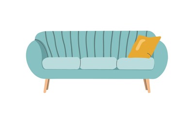 Soft sofa with yellow cushion. Leisure furniture vector. Arrangement of furniture and layout of premises, interior element. Flat design, hand drawn cartoon, vector illustration.